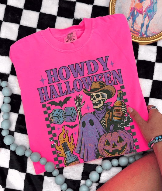 Shipping Dept. Checkered Howdy Halloween  - Comfort Color Hot Pink