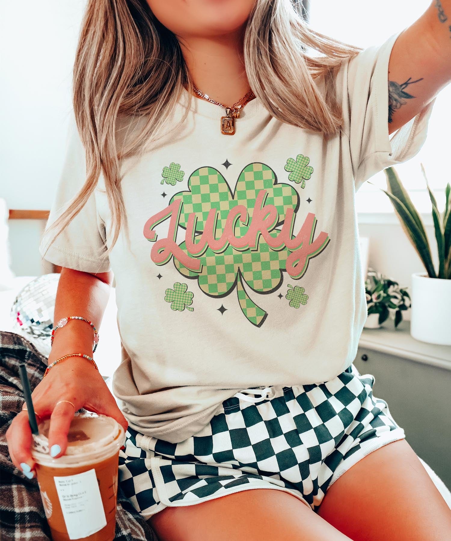 MISSMUDPIE Checkered Shamrock Lucky - Cream Tee