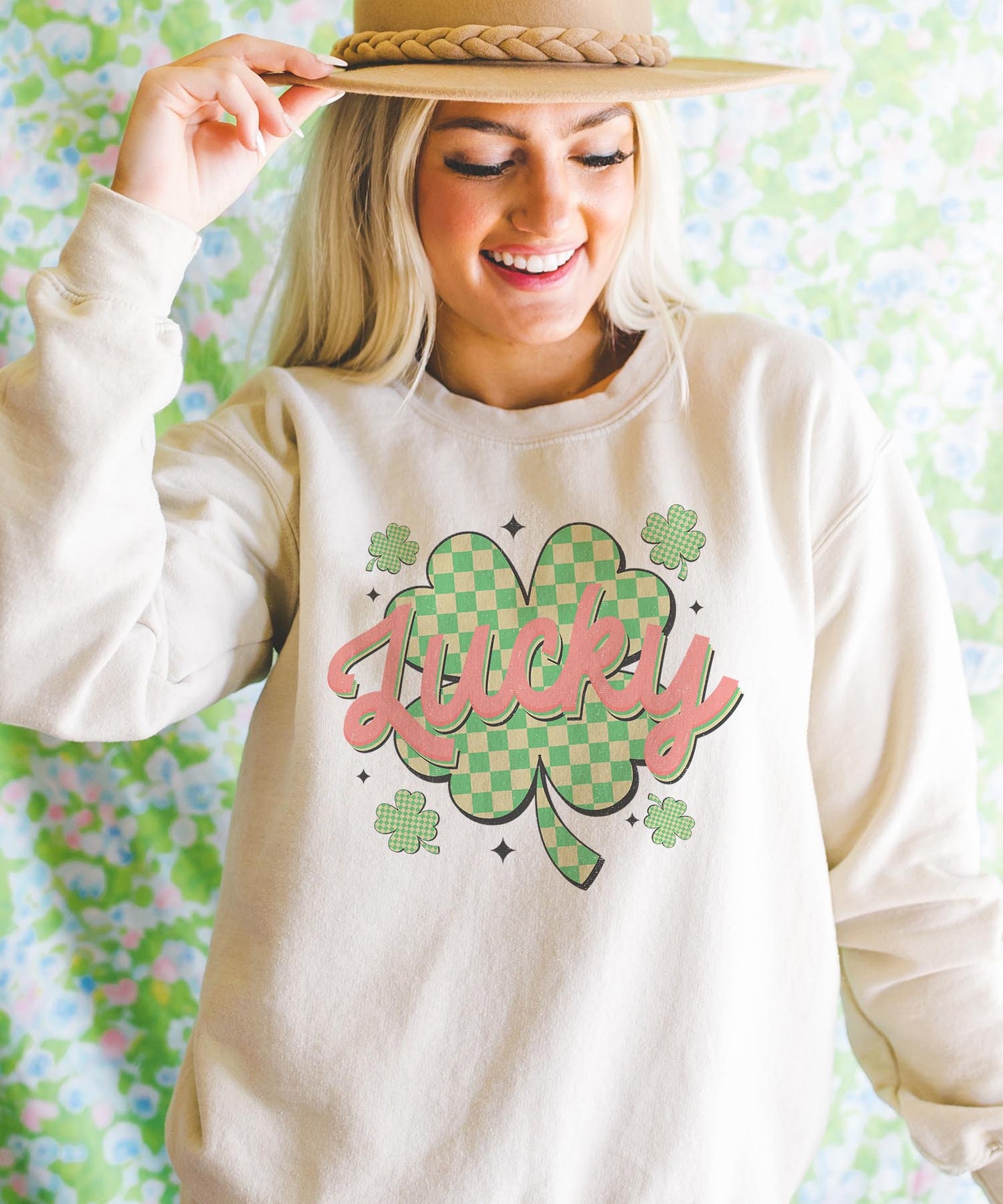 Checkered Shamrock Lucky - Cream Sweatshirt