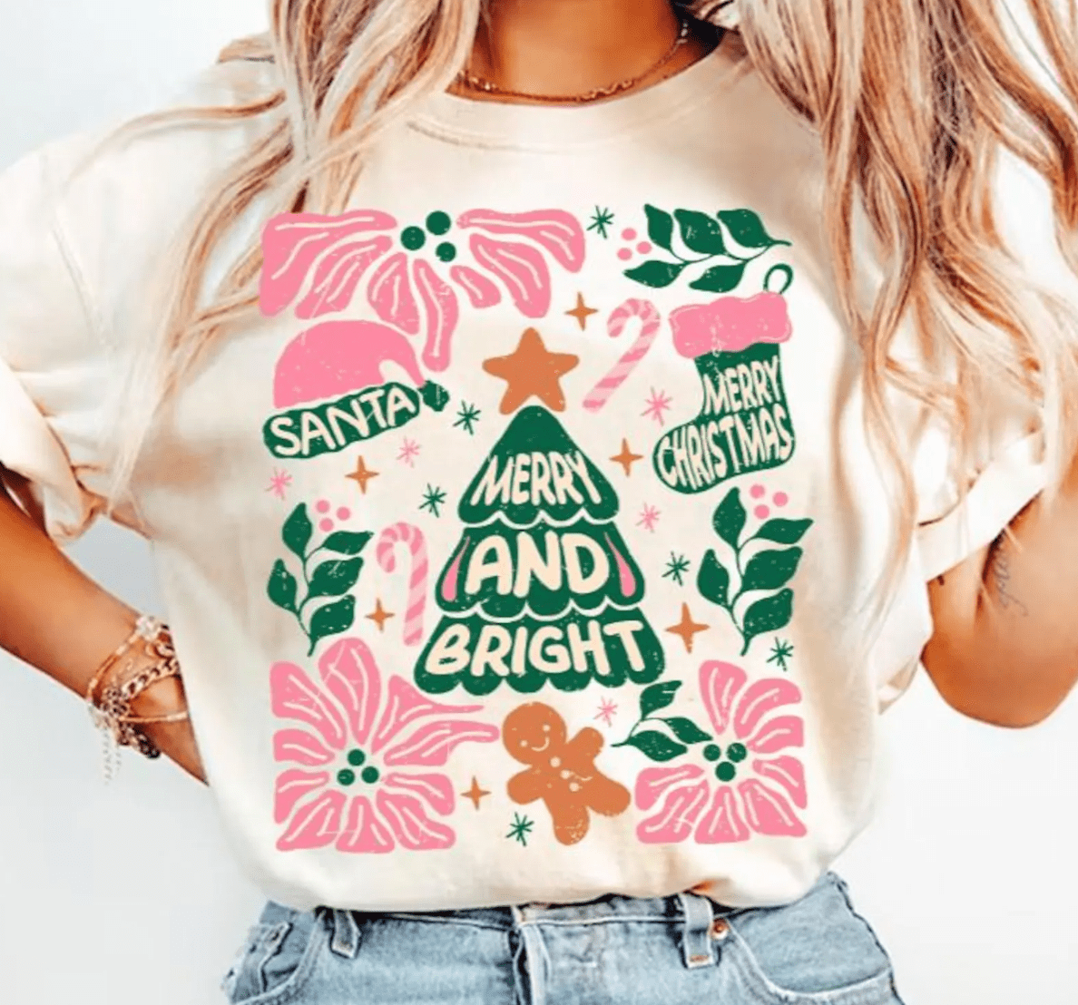 Shipping Dept. SMALL / Cream T-Shirt Christmas Hand Drawn Merry & Bright - Multiple Color options