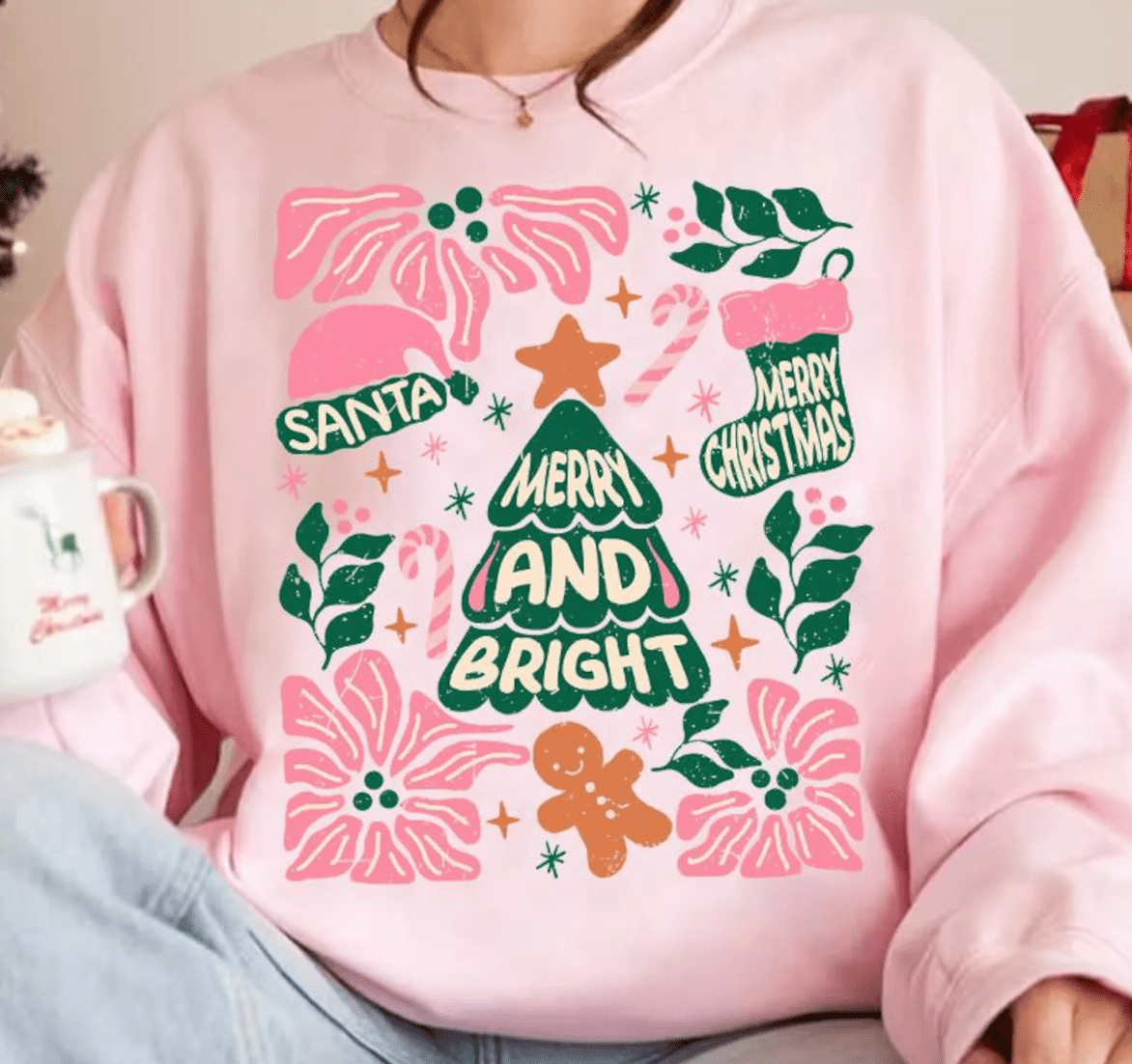 Shipping Dept. SMALL / Pink Sweatshirt Christmas Hand Drawn Merry & Bright - Multiple Color options