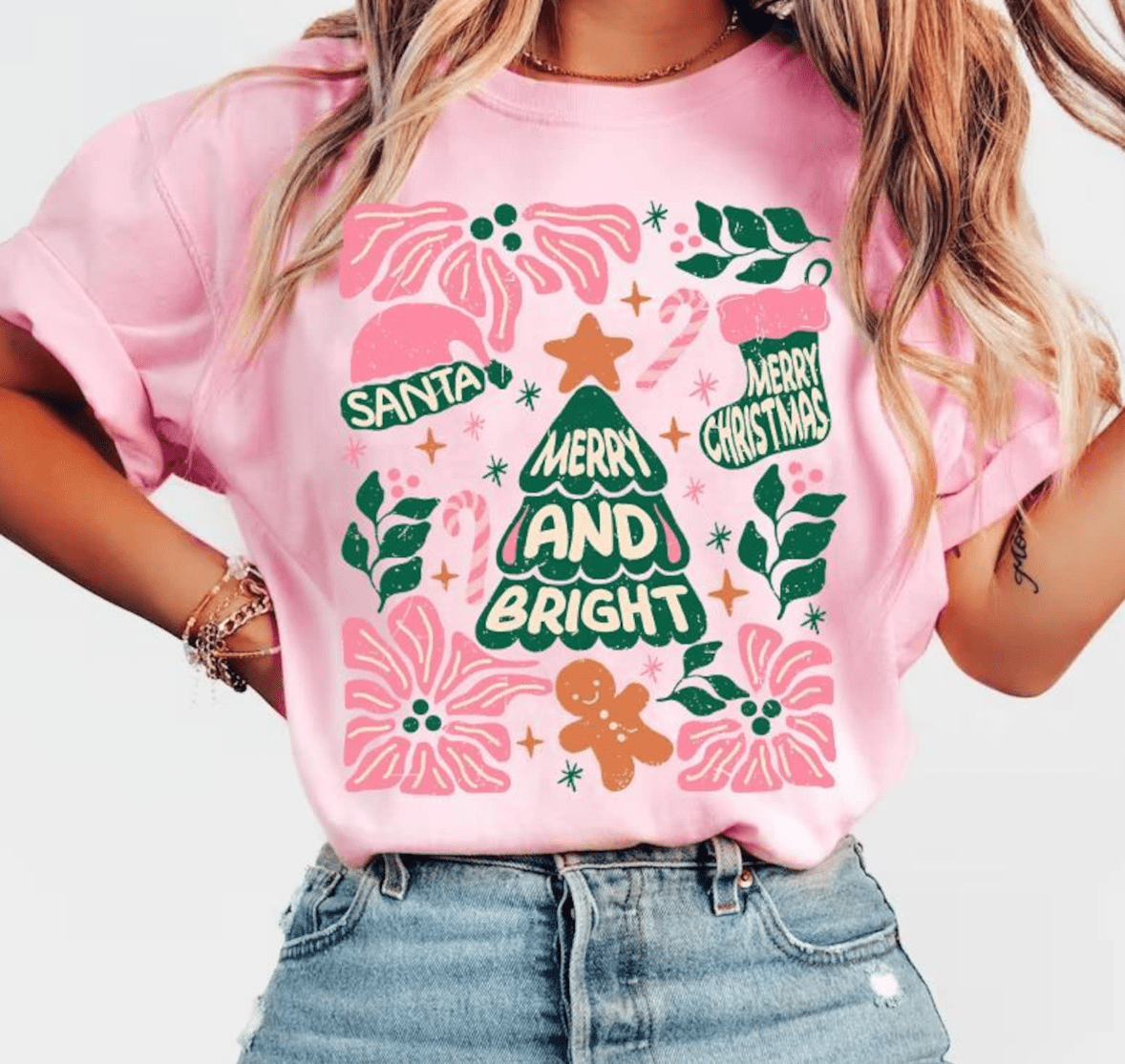 Shipping Dept. SMALL / Pink T-Shirt Christmas Hand Drawn Merry & Bright - Multiple Color options