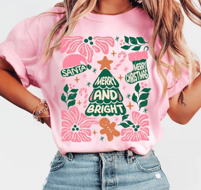 Shipping Dept. SMALL / Pink T-Shirt Christmas Hand Drawn Merry & Bright - Multiple Color options