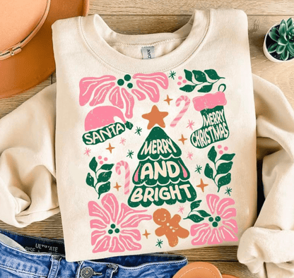 Shipping Dept. SMALL / Cream Sweatshirt Christmas Hand Drawn Merry & Bright - Multiple Color options