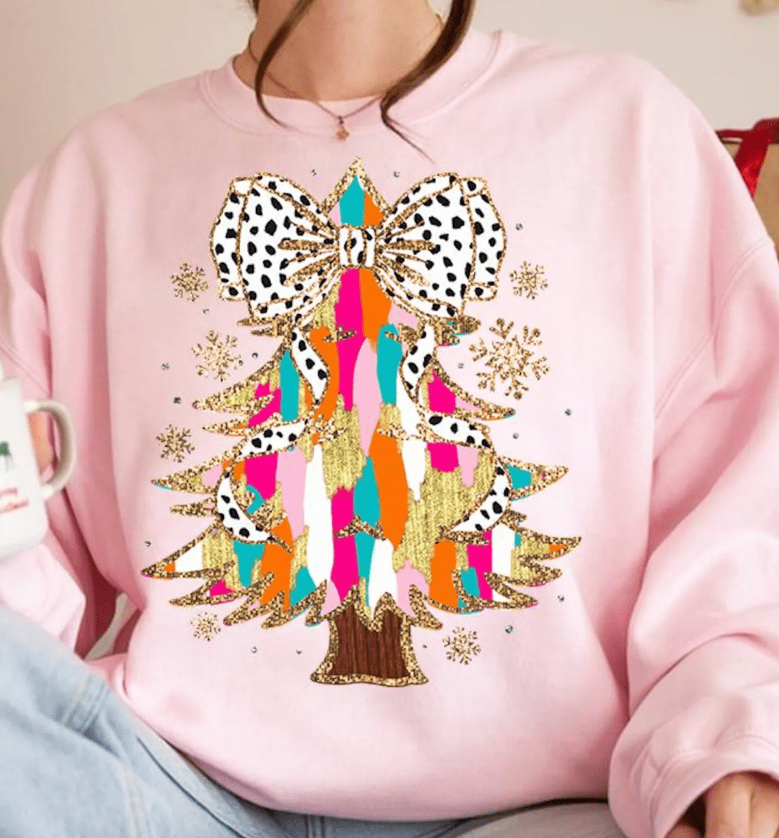 Shipping Dept. SMALL / Pink T-Shirt Colorful Coquette Glitter Christmas Tree DTF - Multiple Color options