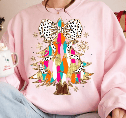 Shipping Dept. SMALL / Pink Sweatshirt Colorful Coquette Glitter Christmas Tree DTF - Multiple Color options