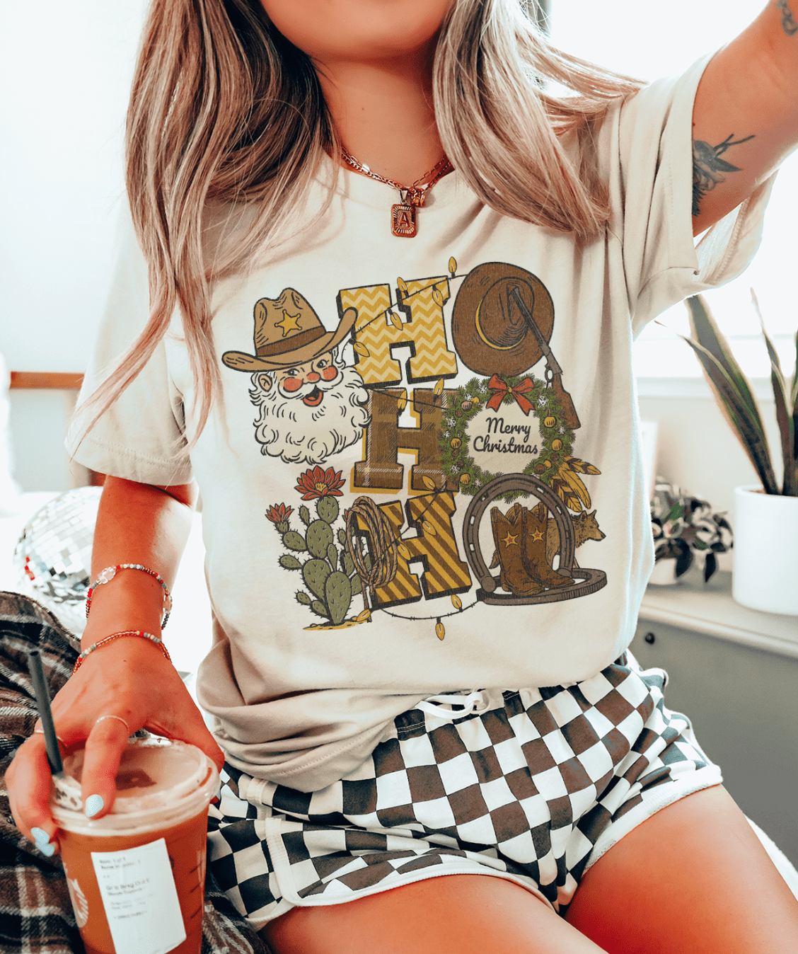 Shipping Dept. SMALL / Cream T-Shirt Cowboy HoHoHo Merry Christmas