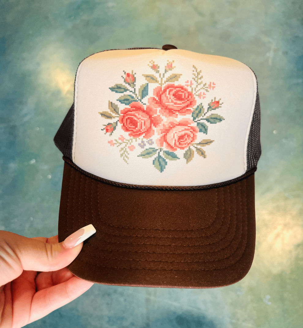 Shipping Dept. Cross Stitch Roses - Brown & Tan Otto Trucker