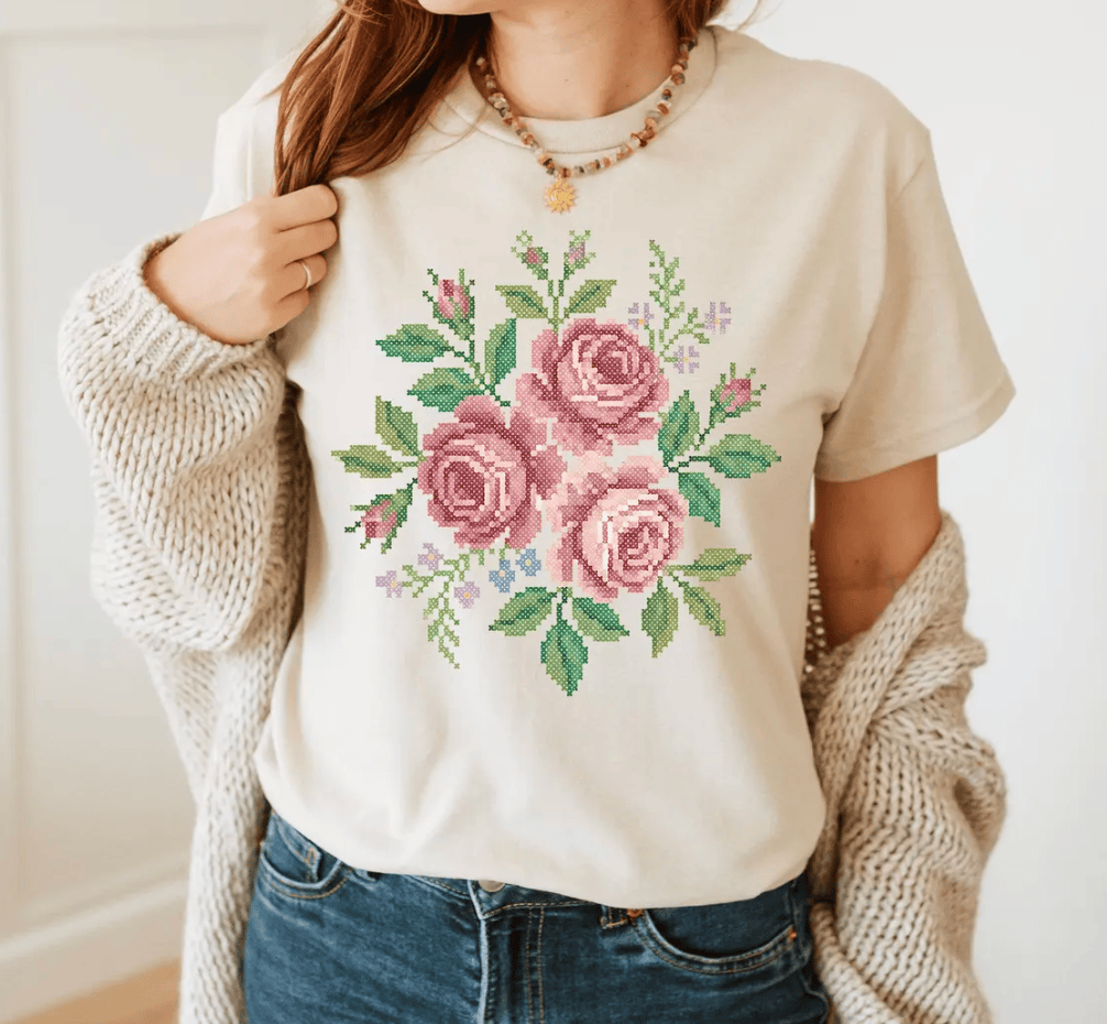 Shipping Dept. Adult SMALL / Cream Tshirt Cross Stitch Roses - Multiple Options