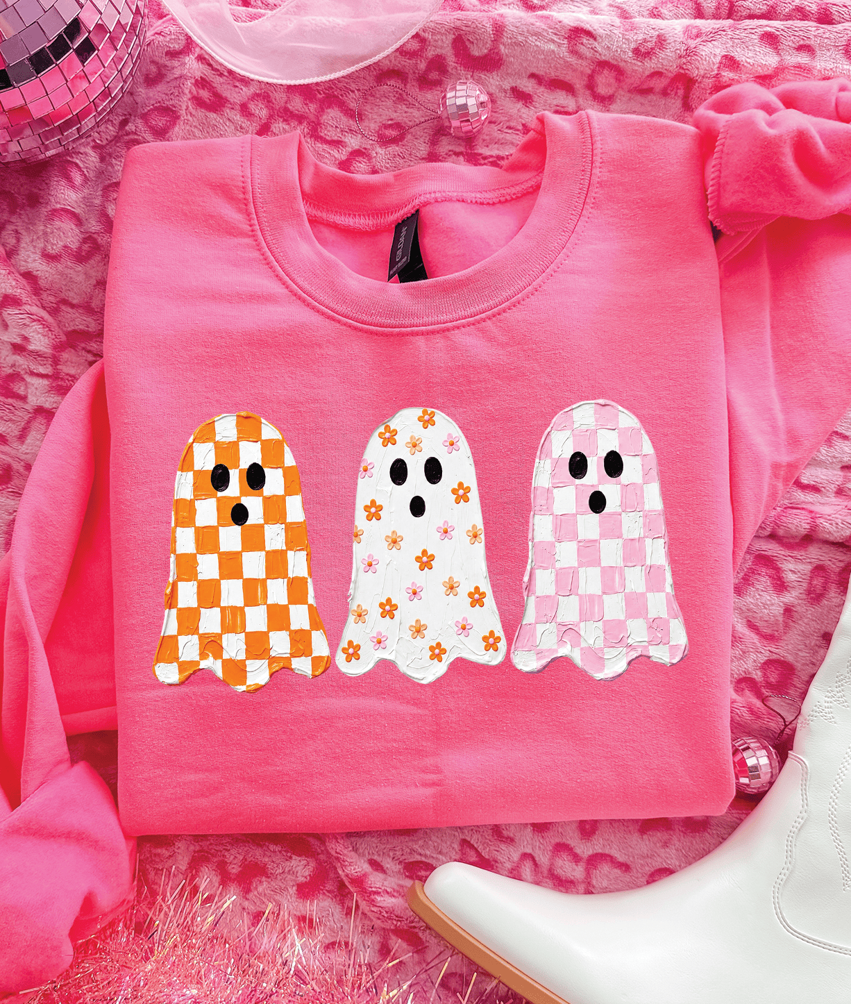 Shipping Dept. SMALL / Neon Pink Sweatshirt Cute Checkered Ghost Halloween -  Tees and Sweatshirts