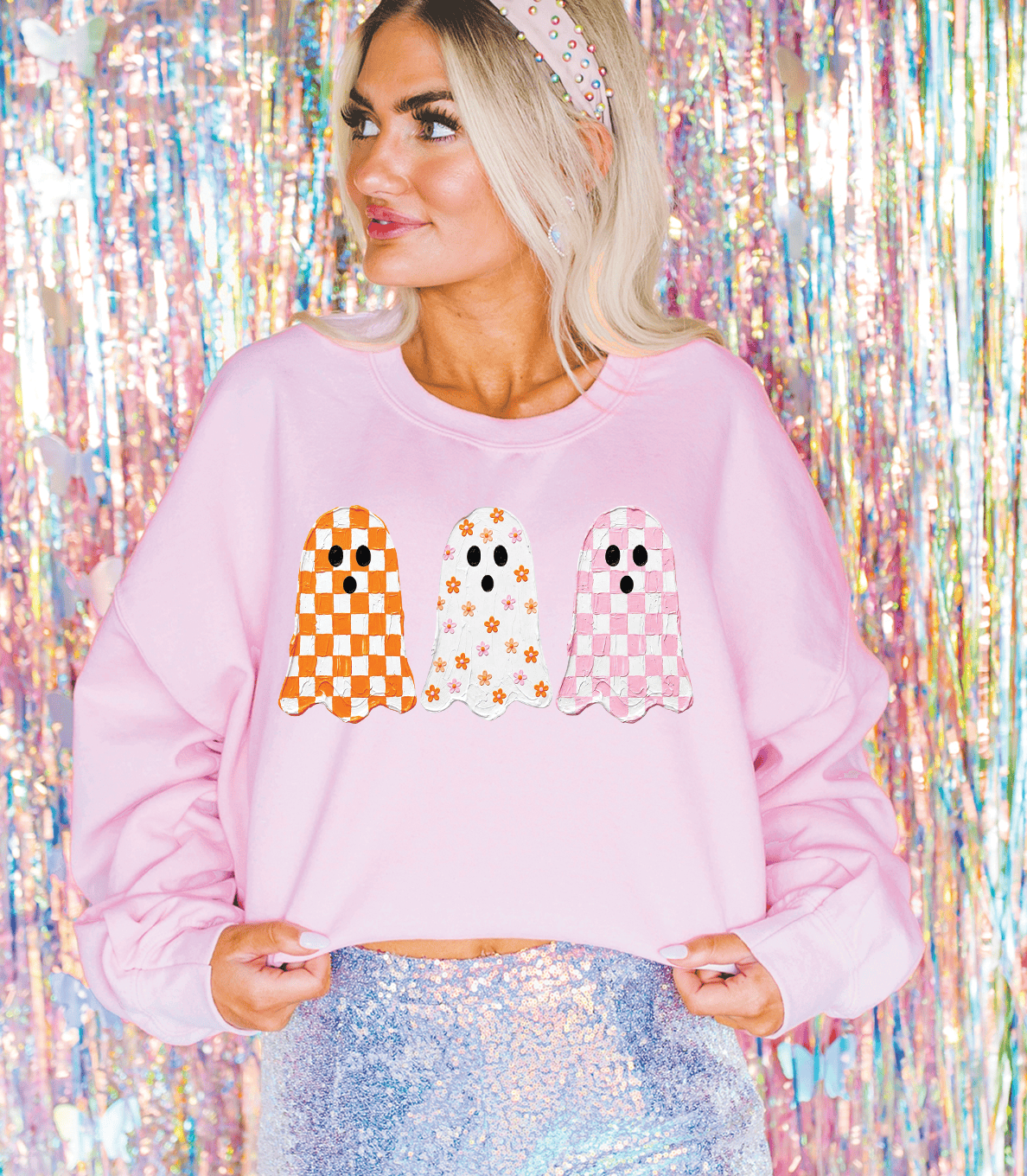 Shipping Dept. SMALL / Light Pink Sweatshirt Cute Checkered Ghost Halloween -  Tees and Sweatshirts