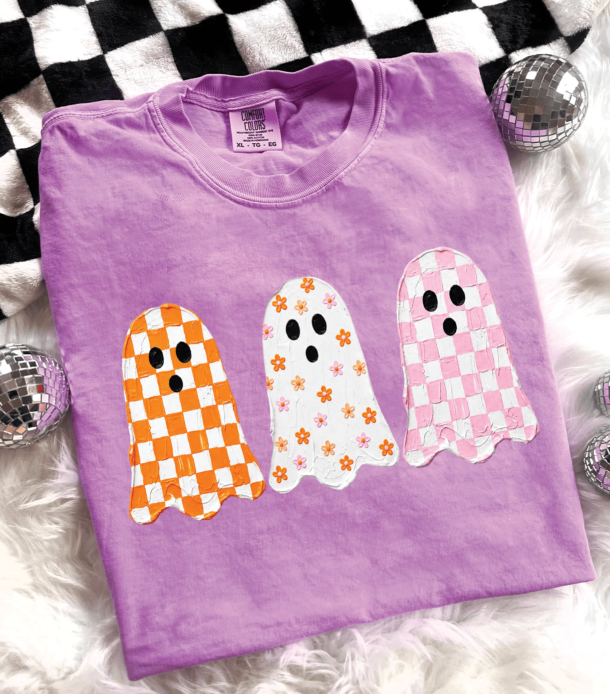 Shipping Dept. SMALL / Comfort Color Tee - Neon Violet Cute Checkered Ghost Halloween -  Tees and Sweatshirts