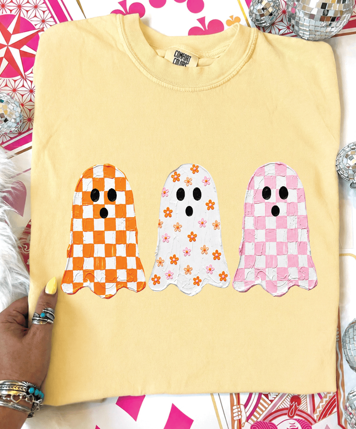 Shipping Dept. SMALL / Comfort Color Tee - Butter Yellow Cute Checkered Ghost Halloween -  Tees and Sweatshirts