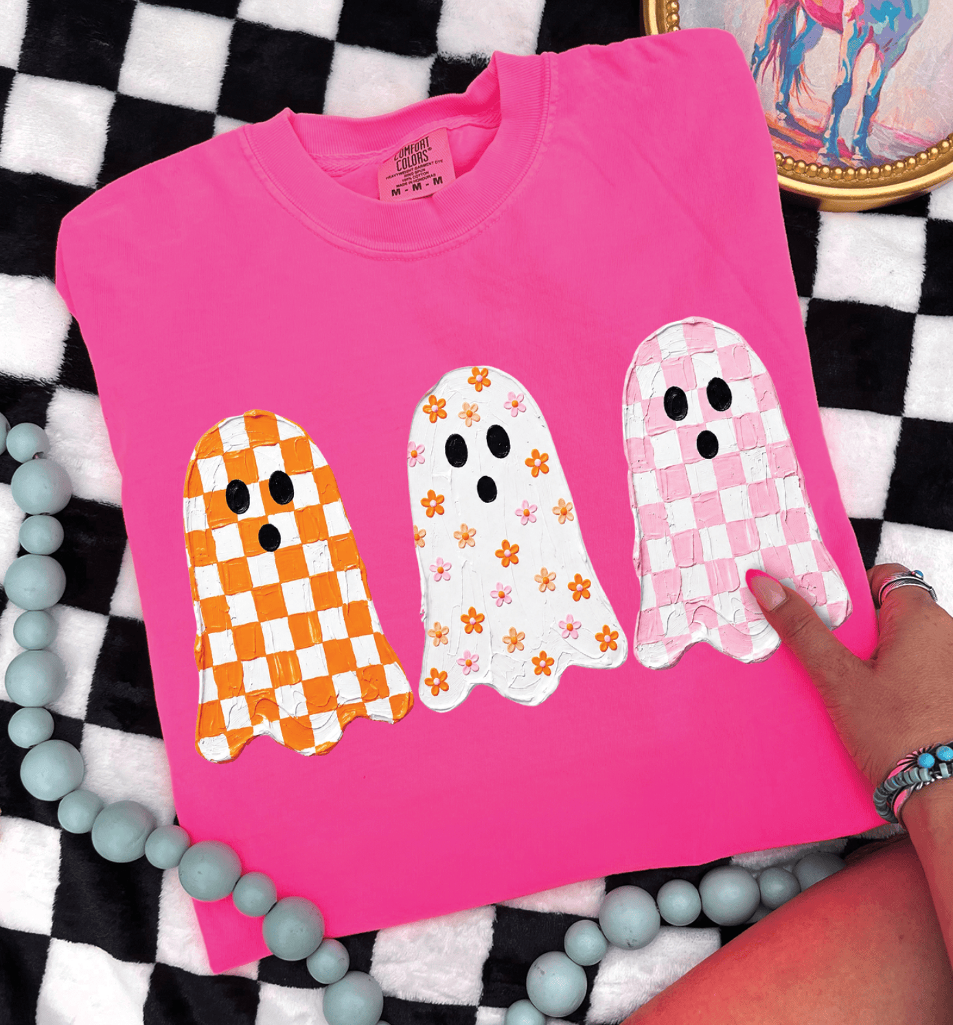 Shipping Dept. SMALL / Comfort Color Tee - Neon Pink Cute Checkered Ghost Halloween -  Tees and Sweatshirts
