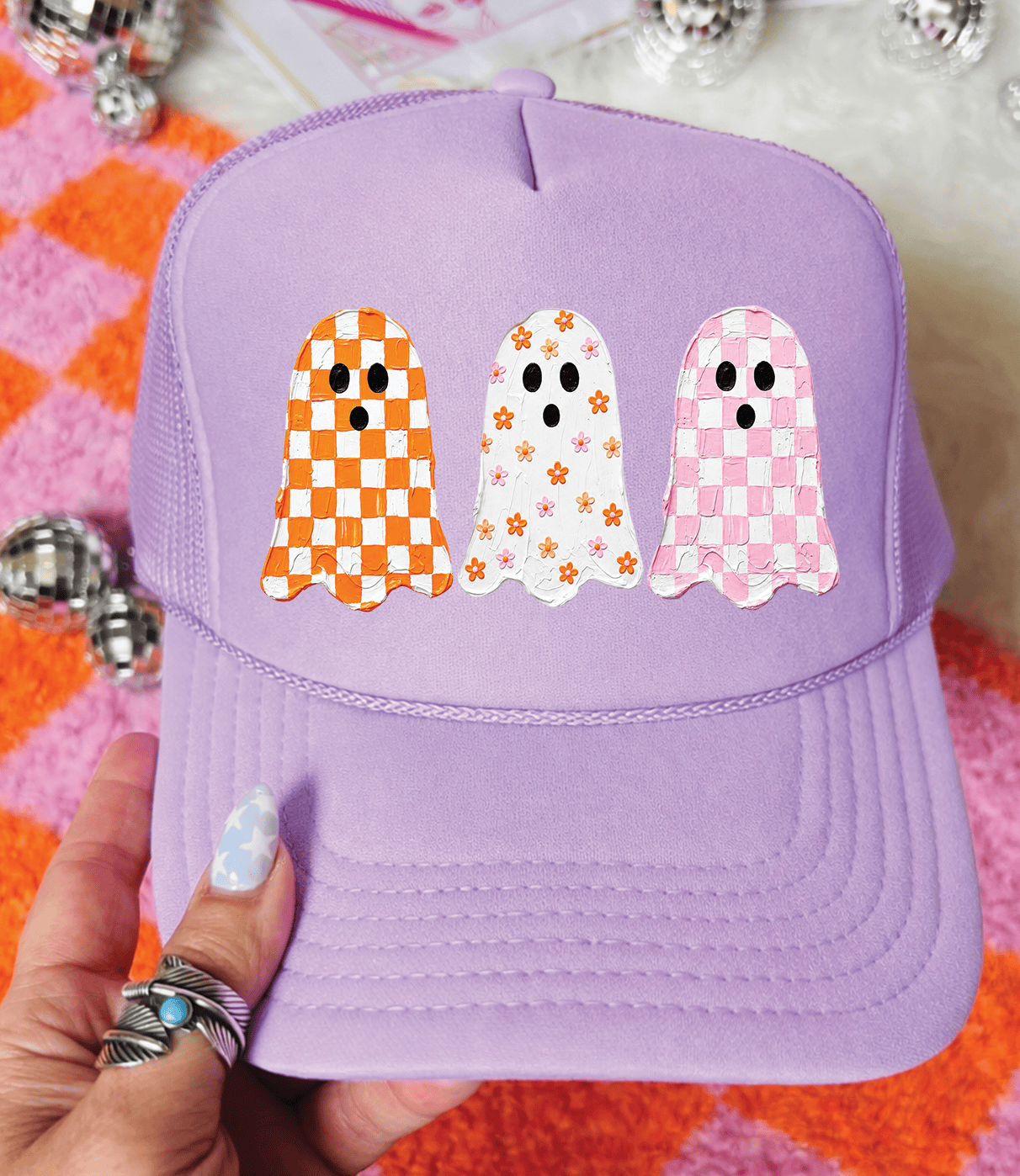 Shipping Dept. Violet Cute Checkered Ghosts-  Foam Otto Truckers