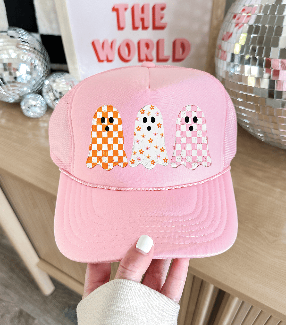 Shipping Dept. Baby Pink Cute Checkered Ghosts-  Foam Otto Truckers