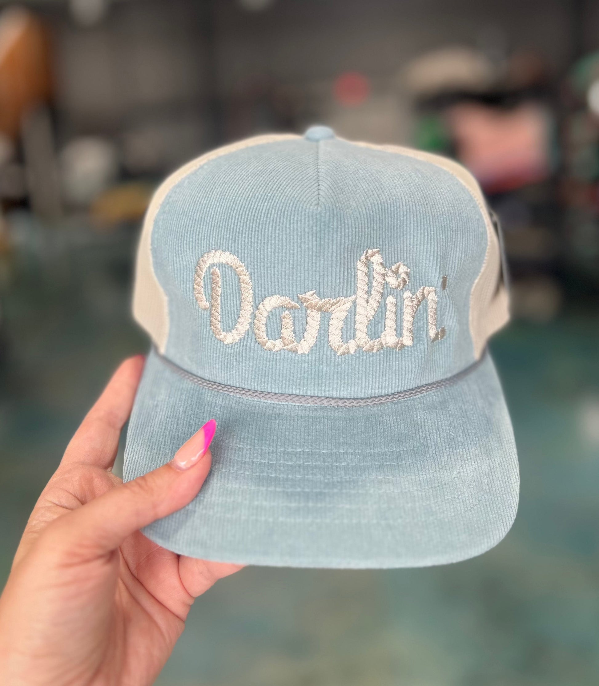 Shipping Dept. DARLIN’ Light blue & Tan cordaroy embroidered cap