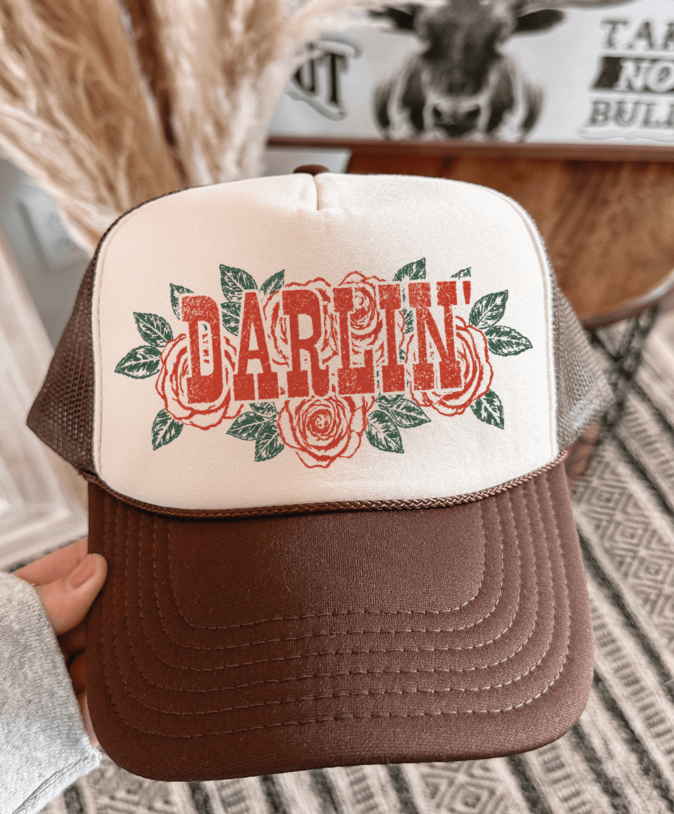Shipping Dept. Brown & Tan Trucker Hat Darlin With Roses Tee or Trucker
