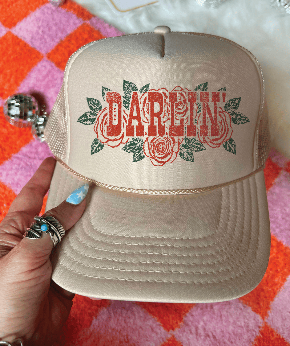 Shipping Dept. Solid Cream Trucker Hat Darlin With Roses Tee or Trucker
