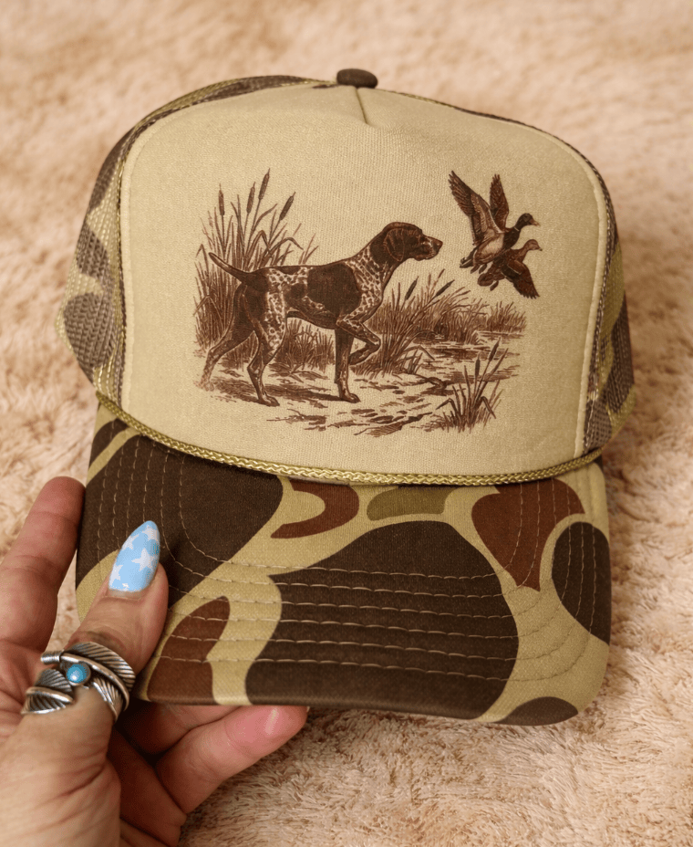 Shipping Dept. Duck Hunting Pointer Dog -  Camo Olive Foam Otto Trucker Hat
