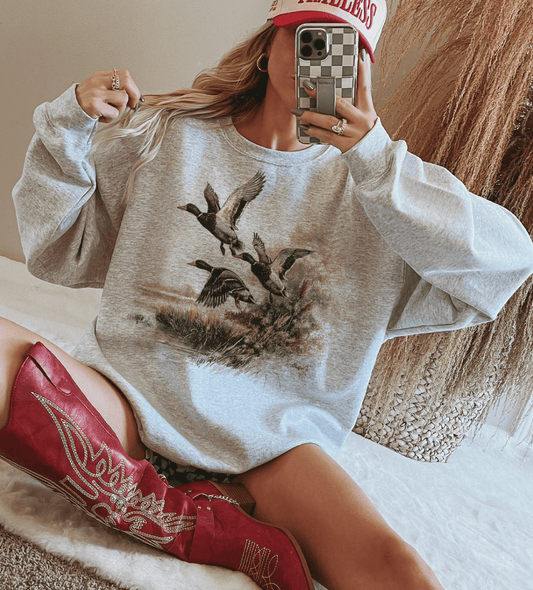 Shipping Dept. Adult SMALL / Heather Gray Sweatshirt Duck Trio Flying  - Sweatshirts & T-Shirts
