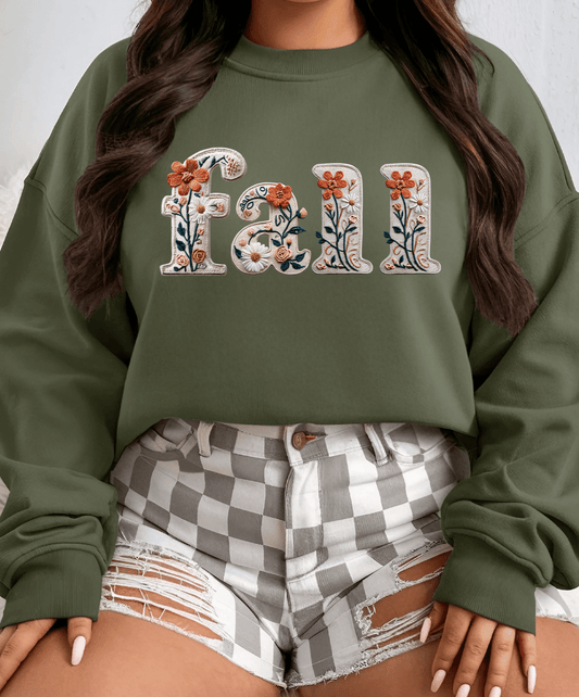 Shipping Dept. SMALL / Military Green Sweatshirt Fall Floral Faux Embroidered  Tees and Sweatshirts
