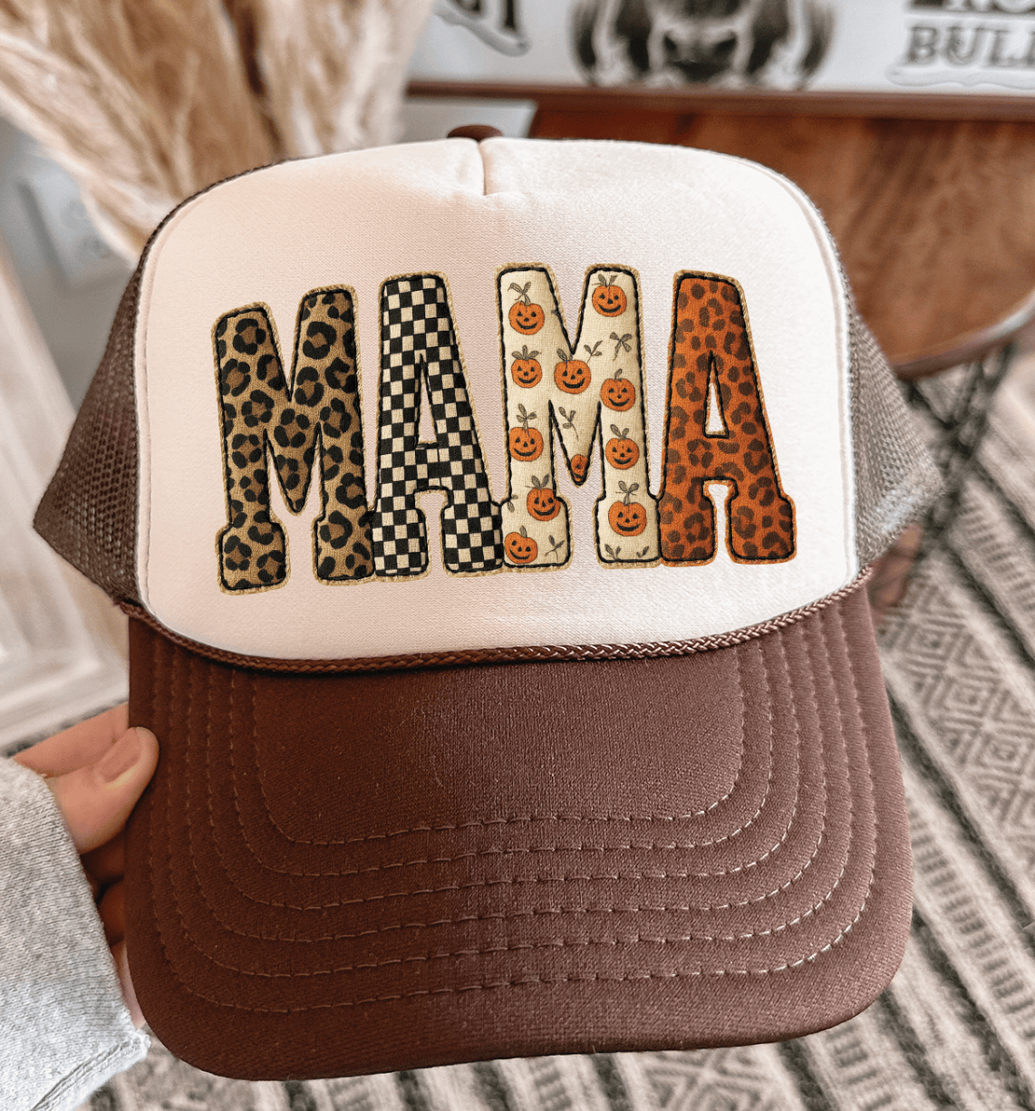 Shipping Dept. Brown & Tan Fall Mama Checkered Pumpkins Name-  Foam Otto Truckers