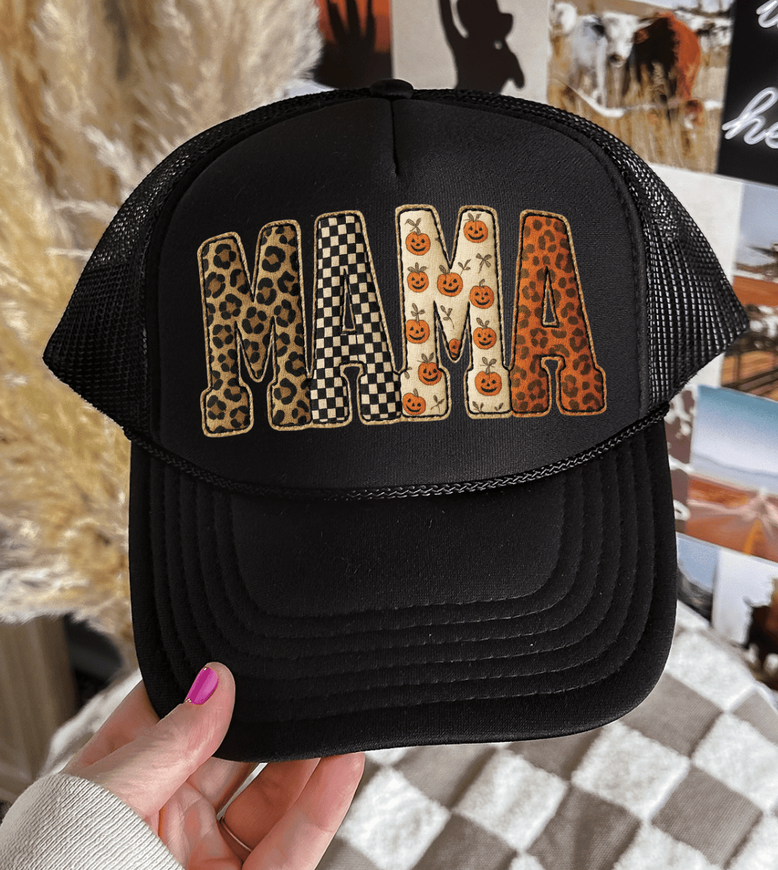 Shipping Dept. Black Fall Mama Checkered Pumpkins Name-  Foam Otto Truckers