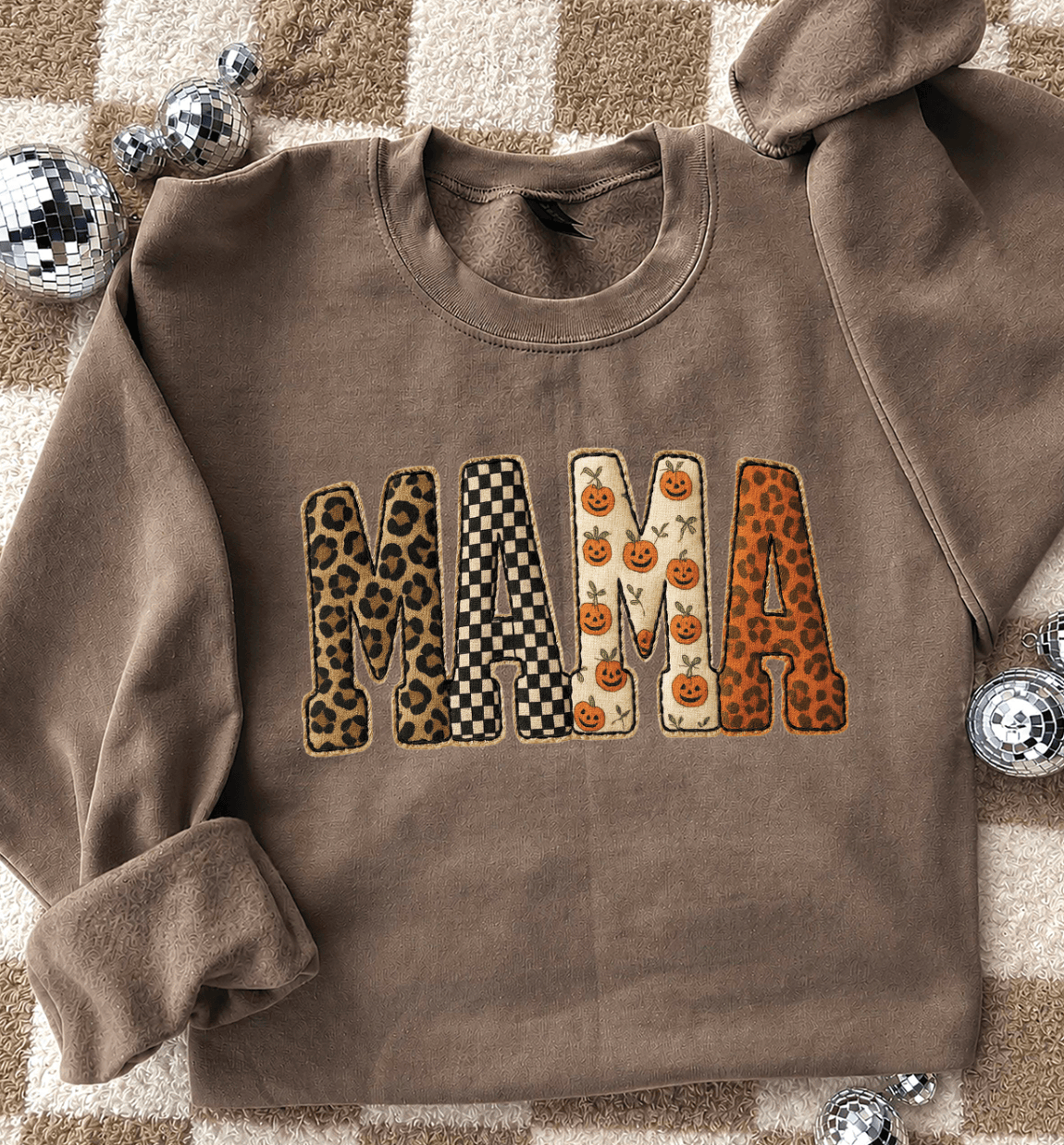 Shipping Dept. Adult SMALL / Mocha Sweatshirt Fall Mama Checkered Pumpkins Name - Sweatshirts & T-Shirts