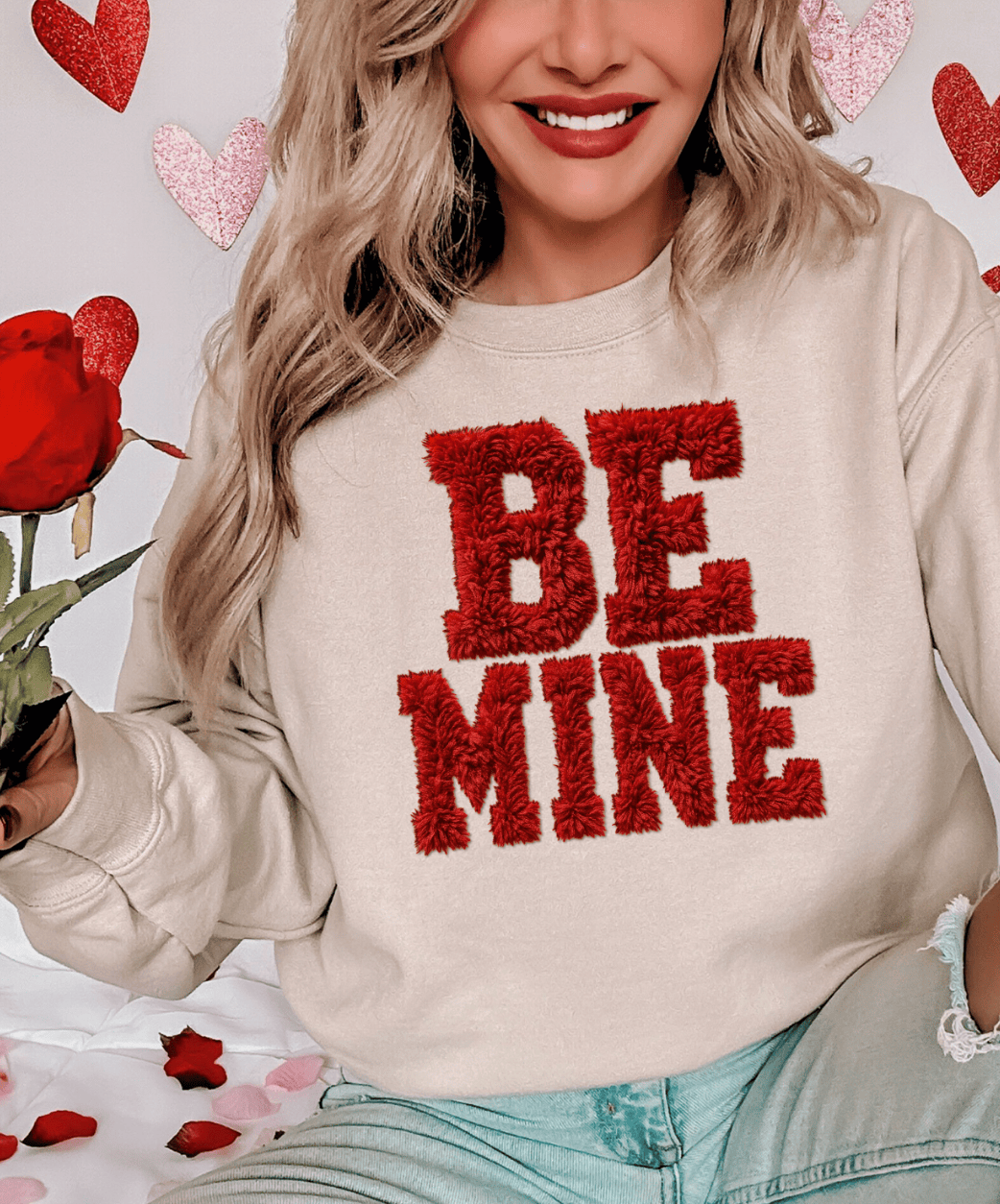 Shipping Dept. Faux Fuzzy Be Mine Valentine Cream Sweatshirt
