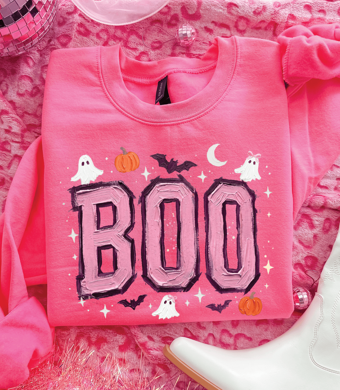 Shipping Dept. SMALL / Neon Pink Sweatshirt Faux Painted Purple Boo Halloween -  Tees and Sweatshirts