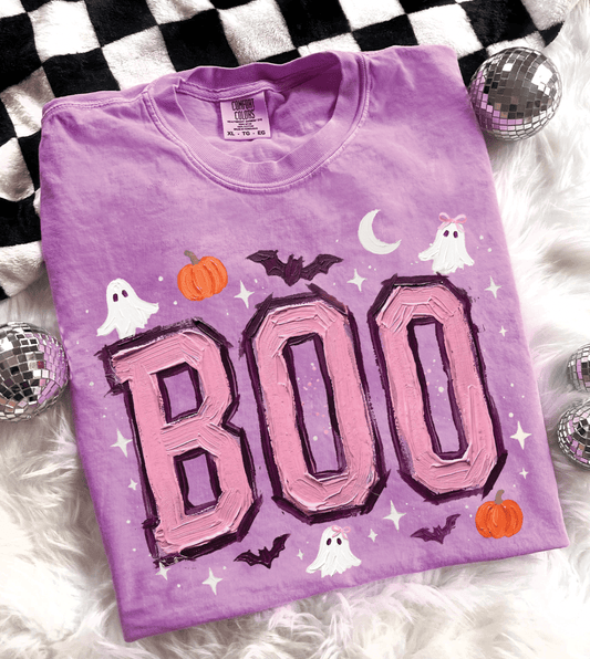 Shipping Dept. SMALL / Comfort Color Tee - Neon Violet Faux Painted Purple Boo Halloween -  Tees and Sweatshirts