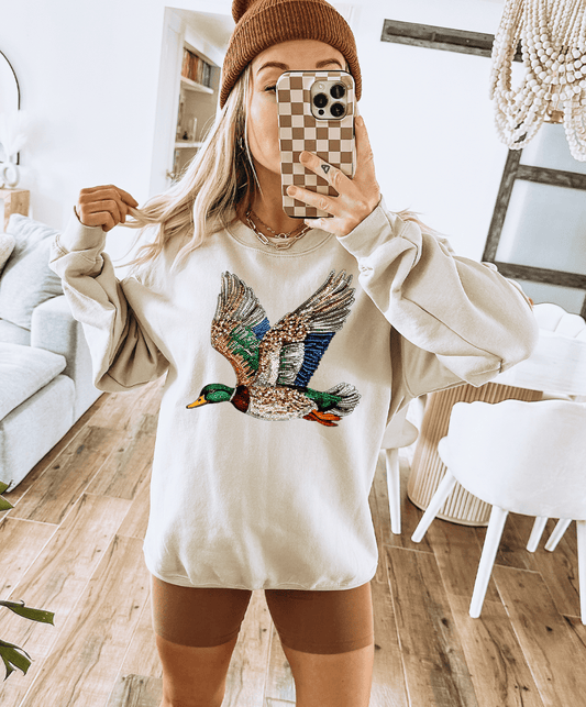 Shipping Dept. Adult SMALL / Cream Sweatshirt Faux Rhinestone Mallard Duck Sweatshirts & T-Shirts