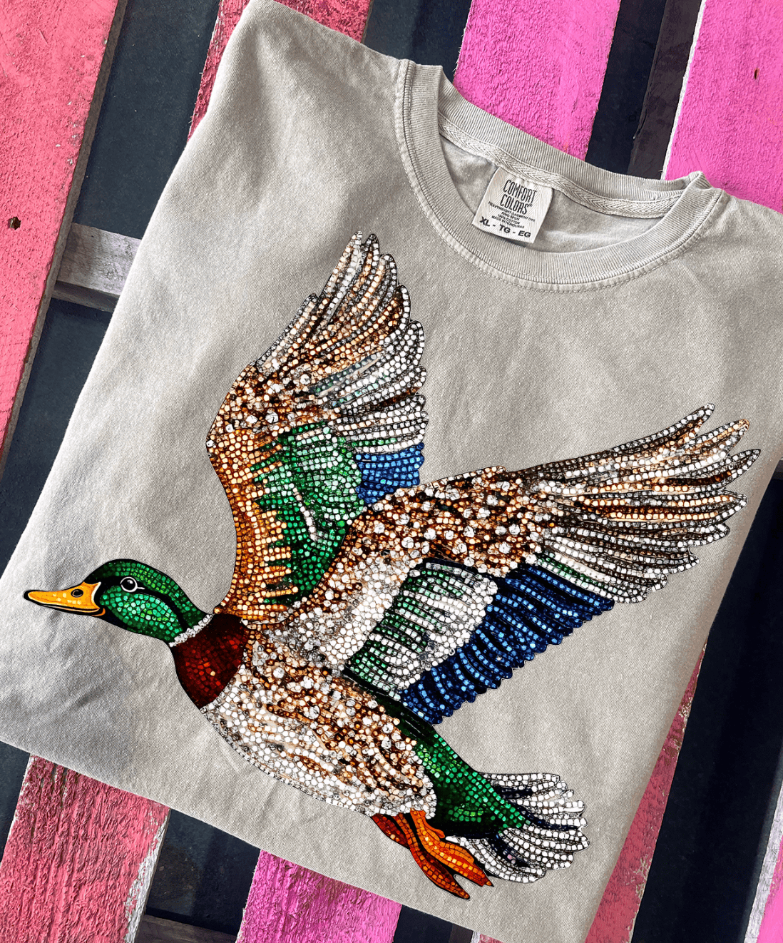Shipping Dept. Adult SMALL / Comfort Color - Khaki Faux Rhinestone Mallard Duck Sweatshirts & T-Shirts