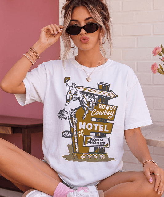 Shipping Dept. FLASH SALE - White Gildan Rowdy Cowboy Motel Tee
