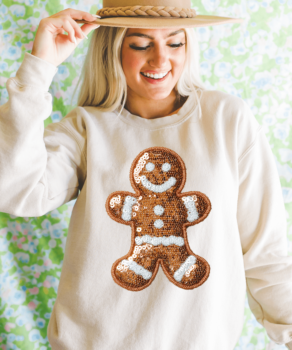 Shipping Dept. SMALL / Cream Sweatshirt Ginger Bread Man Faux Sequins