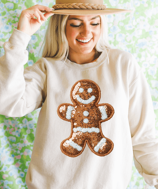 Shipping Dept. SMALL / Cream Sweatshirt Ginger Bread Man Faux Sequins