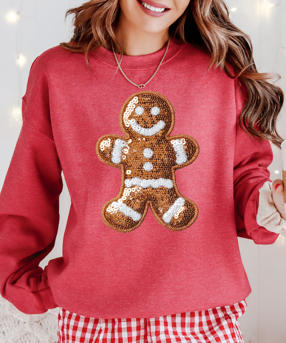 Shipping Dept. SMALL / Heather Red Sweatshirt Ginger Bread Man Faux Sequins