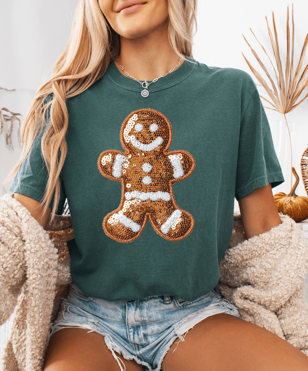 Shipping Dept. SMALL / Blue Spruce - Comfort Color Tee Ginger Bread Man Faux Sequins