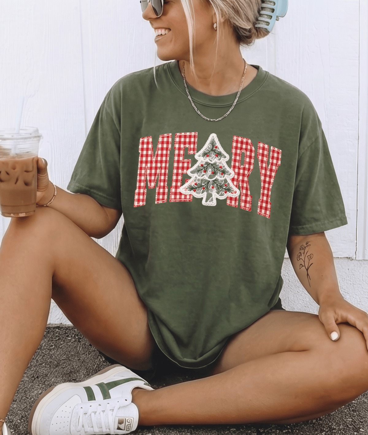 Shipping Dept. Gingham Merry with Tree - Military Green Comfort Color Unisex Tee