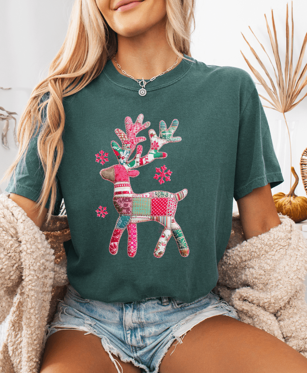 Shipping Dept. SMALL / Blue Spruce - Comfort Color Tee Grannys Quilted Reindeer Faux Patchwork