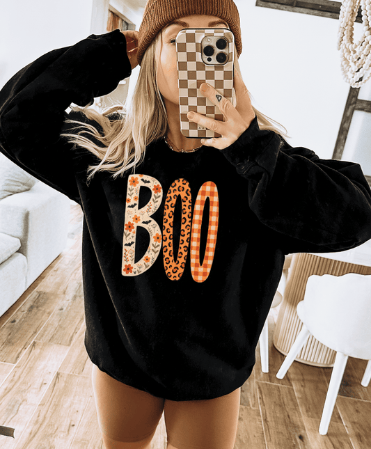 Shipping Dept. Halloween Boo Floral Leopard  - Black Sweatshirt
