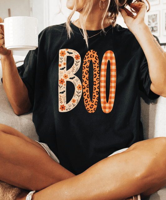 Shipping Dept. Halloween Boo Floral Leopard  - Black T-Shirt