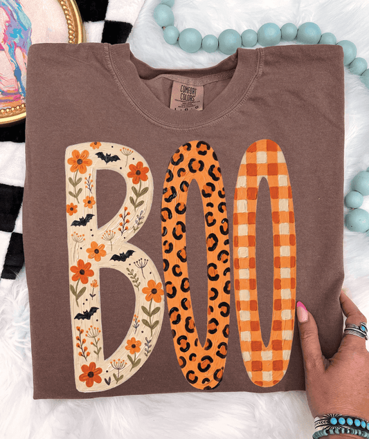 Shipping Dept. Halloween Boo Floral Leopard - Espresso Comfort Color T-Shirt