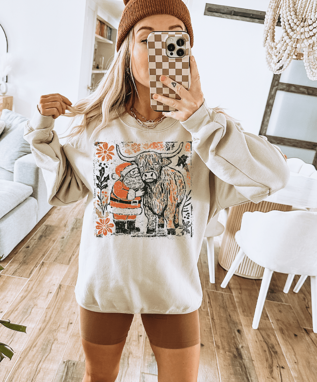 Shipping Dept. SMALL / Cream Sweatshirt Highland Cow and Santa