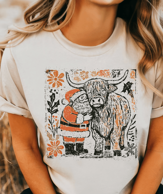 Shipping Dept. SMALL / Cream T-Shirt Highland Cow and Santa
