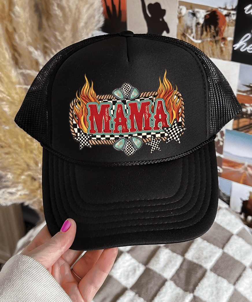 Shipping Dept. Mama Turquoise with Flames - Solid Black Foam Otto Trucker