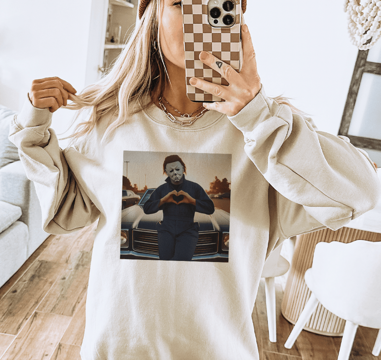 Shipping Dept. Michael Meyers Halloween Heart Hands - Sand Sweatshirt