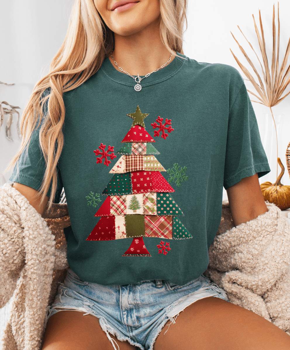 Shipping Dept. SMALL / Blue Spruce - Comfort Color Tee Mimis Quilted Christmas Tree Faux Patchwork