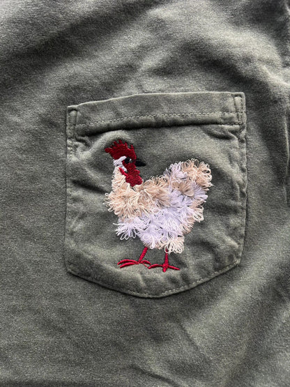 MISSMUDPIE Mother Clucker Embroidered Fuzzy Chicken Pocket Comfort Color Tee